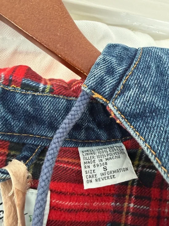 Denim Hooded Coat with Red Plaid Lining - Picture 2 of 5